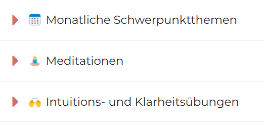 Screenshot Liste mit monatlichen Schwerpunktthemen, Meditationen und Intuitions- und Klarheitsübungen in der Membership Katzenflüstern Club