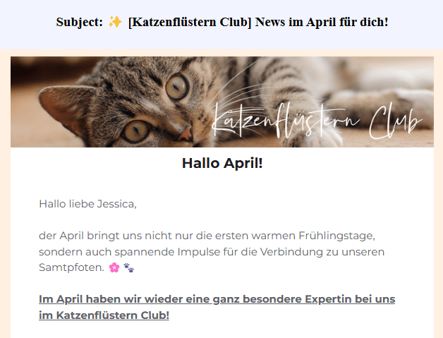 Screenshot Monatsmail Membership Katzenflüstern Club
