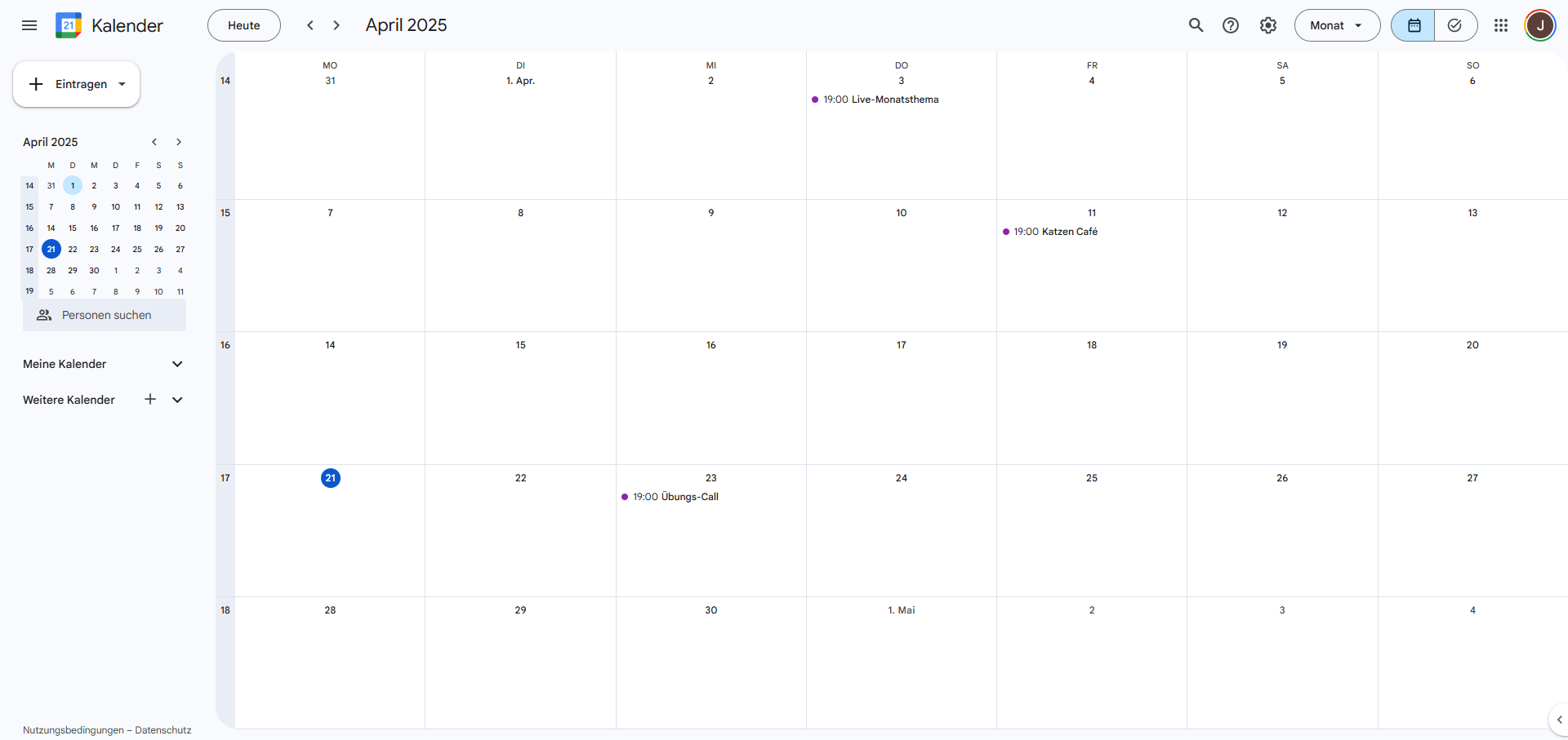 Screenshot digitaler Kalender mit Terminen der Membership Katzenflüstern Club